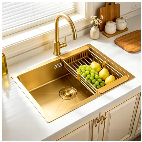 HZKSINNK Diskbänk, Golden Bar Single Bowl Diskho, Rostfritt Stål Fyrkantig Guld Fönsterbänk, Nano/Prep Avloppssats, Lätt Att Rengöra, Drop-In Undermount/Topmount (Gold-#a, 60