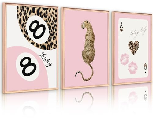 Lhoiplme Cheetah Trendy Wall Art Preppy Leopard Canvas Print Cheetah Room Wall Decor 8 Ball Poster Y2k Pink Coquette Luxury Print Lucky Aesthetic Fashion Pictures for Bedroom 16x24x3 Inch Unframed