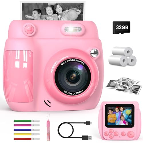 Gofunly Sofortbildkamera Kinder, 2.4 Zoll Bildschirm Kinderkamera Sofortbildkamera mit 32GB Karte & Druckpapier, Kamera Kinder Sofortdruck HD 1080P, Camera mit Fotos Drucken Geschenk für 3-12 Jahre