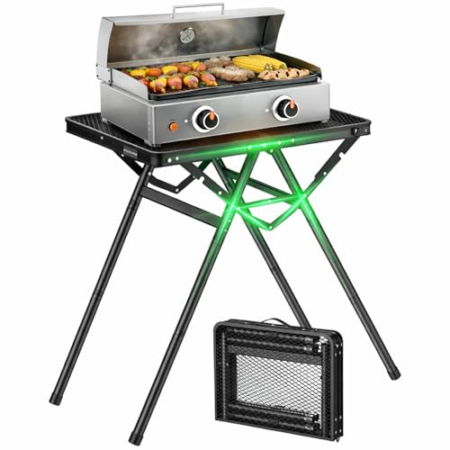 GARLLEN Folding Grill Table Max Capacity 180 lbs, 3 Adjustable Height Camping Table with Heat-Resistant Tabletop, Aluminum Picnic Table with Stable Structure for BBQ, Camping, Outdoor, 23.6L x 15.7W
