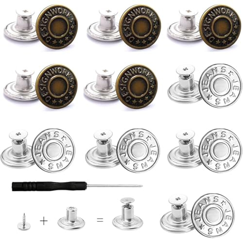 10 Pièces Bouton de Jeans 17mm Détachable Métal DIY Rétractable Réglable, Ajustés, Pression pour Personnaliser Pantalons, Vestes et Accessoires en Denim sans Outils