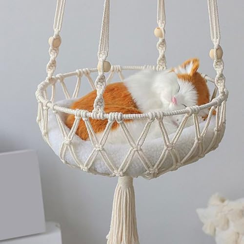 Naroote Hamaca para Gatos macramé Tejida a Mano Techo Columpio para Gatos Cama Colgante para Gatitos Decoración Linda Lugar de Descanso Cómodo para Pared y Ventana Jugar Dormir