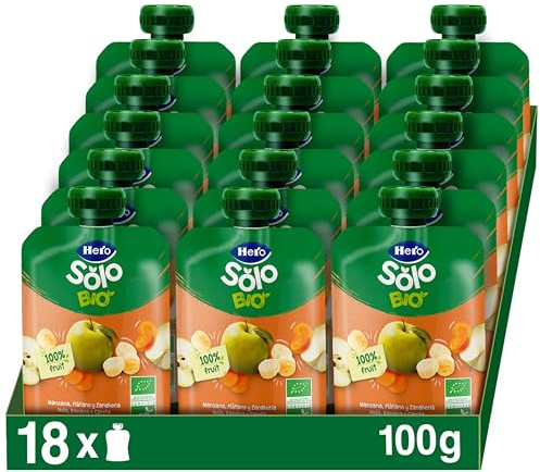 Hero Solo - Gourde Bio De Pomme, Banane Et Carotte - Puree de Fruits BIO 100% Naturels, Compote Sans Sucre Ajouté, Sans Gluten - pour Bébés Dès 4 Mois - Lot de 18 X 100 g