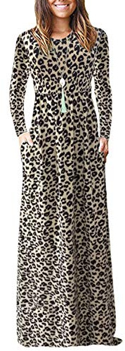 AUSELILY Women's Casual Long Sleeve Maxi Dress Loose Long Dresses with Pockets Leopard XXL