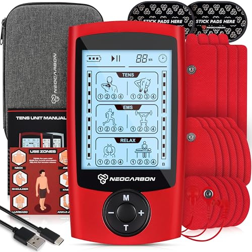 NEOCARBON TENS Unit Muscle Stimulator, EMS Massager Machine for Shoulder, Neck, Sciatica and Back Pain Relief, Electronic Pulse Massage Physical Therapy, Red