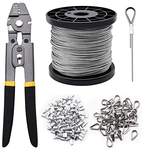 Wire Rope Crimping Tool Kit 330ft Stainless Steel Wire Rope Cable with Aluminum Crimping Sleeves and Stainless Steel Thimbles for Railing,