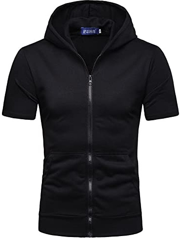 Hoodie Manches Courtes Homme Slim Fit Hoodie Manches Courtes Homme Couleur Pure T-Shirt avec Capuche Homme Fermeture Éclair Chemise Sport Homme avec Capuche B-Black L