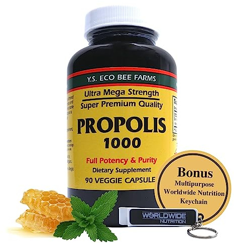 Y.S. Organic Bee Farms Propolis-Raw Unprocessed 1000mg - Your Gateway to Wellness - 90 Capsules with Bonus worldwidenutrition Multi Purpose Key Chain