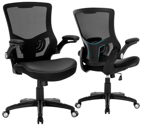 Luckyear Bürostuhl, Bürosessel Klappbaren Armlehnen, Schreibtischstuhl mit Verstellbarer Lendenwirbelstütze und Rollen, Chefsessel, Computerstuhl PC Stuhl, Mesh Ergonomischer Drehstuhl Arbeitsstuhl