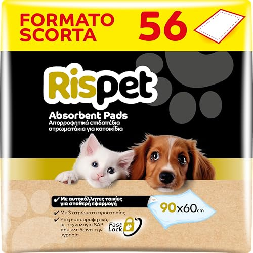 RISPET Tappetini Igienici per Cani 90x60cm, Alta Assorbenza con tecnologia Controlla Odori, 56 Unità