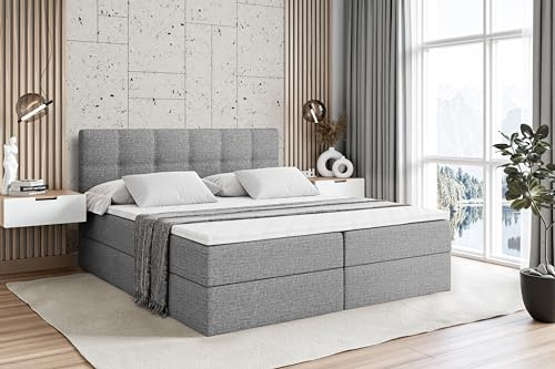 ALTDECOR Boxspringbett mit Matratze und Lattenrost, Boxbett, Topper, Polsterbett mit Bettkasten, Bett mit Stauraum H4-Matratze, Doppelbett, Springboxbett - Marce - 200x200 - Grau
