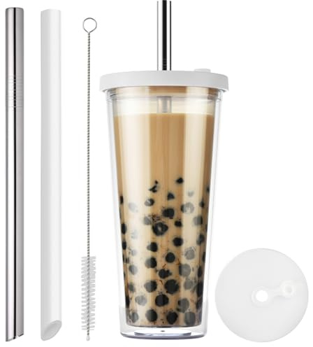 VITEVER Bubble Tea Cup, 24oz Eiskaffeebecher mit Strohhalm und Deckel, Auslaufsicherer Klarer Kunststoff Bubble Tea Tumbler, Doppelwandiger isolierter Smoothie Becher, weiß