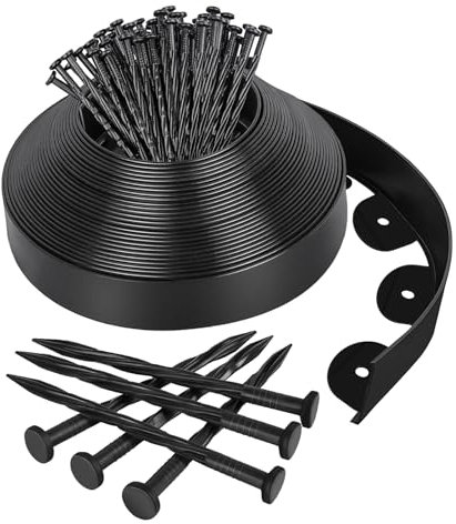 Newthinking Garden Edging Border, 32ft Landscape Edging Dividers with Heavy-Duty Ground Stakes, 5cm High Black Flexible Lawn Raised Bed Edge for Garden Shrub Grass Border