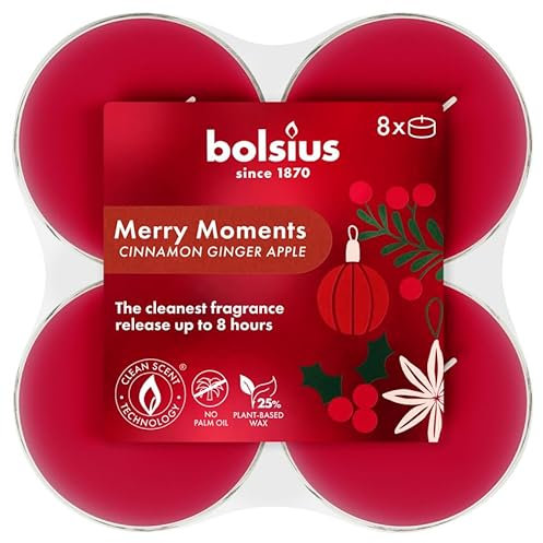 Bolsius - Merry Moments - Maxi Scented Tealights - Burn time of 8 Hours - Natural extracts – Contains Vegan Wax – Palm Oil-Free
