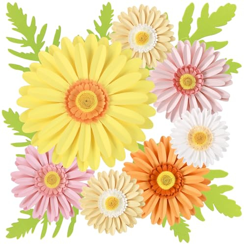 SUNBEAUTY 17Pcs Pastel Paper Flowers Decorations 3D Large Daisy Flowers Wall Decor Yellow Pink Flowers Decorations for Wall Paper Daisy Flower for Birthday Wedding Classroom Party Backdrop