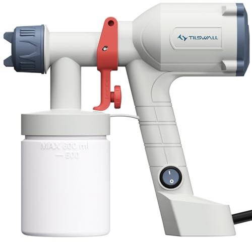 Tilswall Pistola de Pintura Eléctrica - Pulverizador de Pintura Ultraligera con Tanque Desmontable De 600ml, 2 Boquillas & 3 Modos, Paredes, Techos, Muebles, Vallas, Jardín, Vainilla