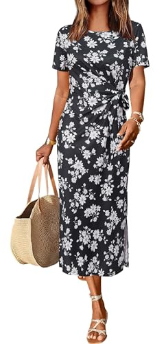 Newshows Abiti per Donna UK A Maniche Lunghe/Corte da Donna Stile Casual Maxi Abito con Cintura da Legare Elegante T-Shirt Abito Estivo con Spacco, S