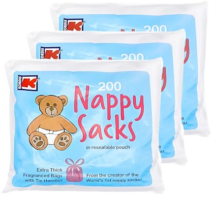 Kordis Disposable Nappy Bags (600 Bag Count) – 3 x 200 Scented Nappy Bags with Tie Handles, Lilac, Lightly Fragranced, Strong and Durable. 29.5cm x 36cm.