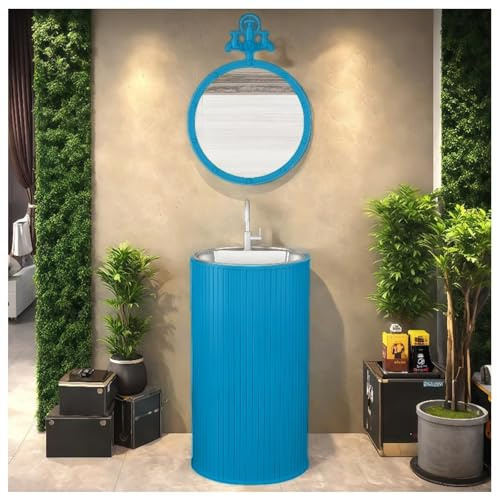 ZTGL Floor Standing Bathroom Pedestal Sink, Modern Pedestal Wash Basin Sink, Industrial Freestanding Vanity Units with Stainless Steel Basin, Bathroom Sinks for Restaurants & Bars J, With Mirror