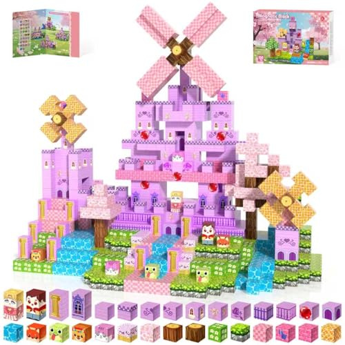 Kryzomat Bloc Construction Magnetique 150 PCS, Château Rose pour Fille