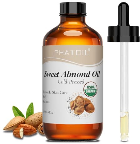 PHATOIL Huile Végétale d’Amande Douce Bio 118ML - Organic Sweet Almond Oil 100% Naturelle Pure Pressée à Froid - Huile Hydratante pour Soins du Visage, Corps, Cheveux, Massage, Body Oil
