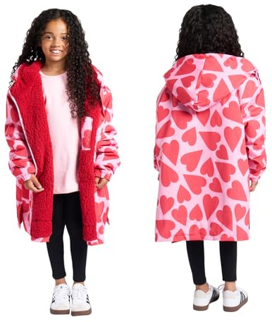 OHS Kids Dry Robe, Oversized Waterproof Changing Robe Lightweight Fleece Lining Girls Rain Coat with Hood & Pockets Breathable Waterproof Coat for Beach Surfing Outdoor, Pink/Red - Hearts, L/XL