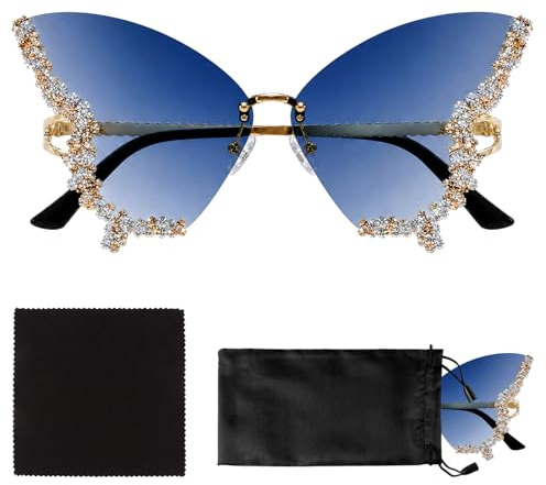 HIVTE Lunettes de Soleil Papillon sans Monture pour Femme avec Strass, Déguisement Vintage pour Festival et Fête, avec Pochette, Bleu Glacé