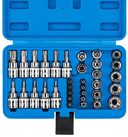 CASOMAN 34 Pieces Torx Bit Socket and E-Torx (Star) Socket Set, Cr-V E Socket Set E4-20, S2 Torx Bit Socket Set T10-60, Tamper Proof Torx Bit Set TT10-TT55, 5/16F to 3/8M adapter