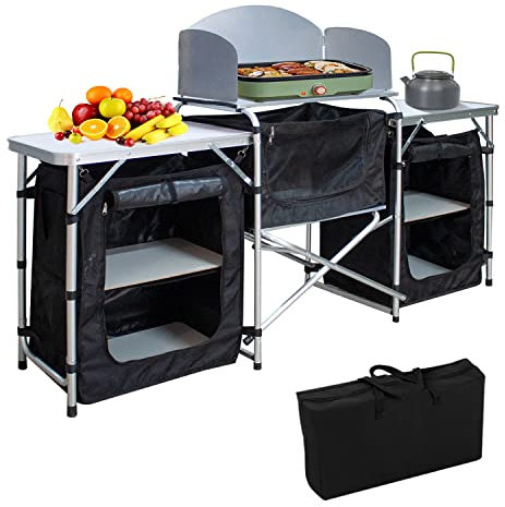 Cecaylie Faltbar Campingküche mit Windschutz,Campingschrank mit Tragetasche,Alu Outdoor Camping Küche,Zeltschrank,Küchenbox