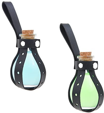 Eco-Fused petites bouteilles de potion 2x – Cosplay sphérique transparent, sorcier, accessoire de costume de sorcière – Bouchon en liège, support de manche en similicuir noir, boucle de ceinture