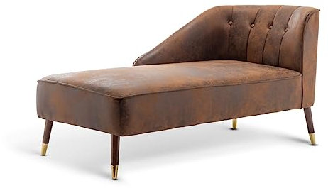 Luxury Modern Brown Tufted Faux Leather Left Hand Indoor Chaise Lounge Chair for Bedroom Living Room Conservatory Window Seat with Arm & Wooden Feet – Small Upholstered Lounger / Bed End Bench