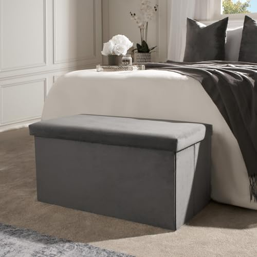 OHS Ottoman Storage Box, Grey Ottoman with Storage Boxes with Lids Bedroom Living Room Sturdy Ottomans Organising Space Saving, Charcoal - Matt Velvet