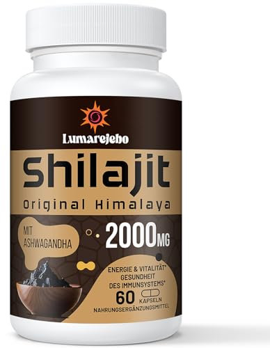 Shilajit Kapseln, Hochdosiert 2000mg pro Tagesdosis, Golden Shilajit das Original aus dem Himalaya, Mit Ashwagandha, Ayurvedische Kräuter, 60% Fulvosäure + 85 Mineralien, 100% Vegan (60 Kapseln)