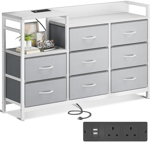 ODK Chest of Drawers Bedroom, Contains 2 USB & 2 AC Ports Sockets, Storage Dresser with 8 Fabric Drawers Suitable for Bedrooms, Living Rooms, Light Grey