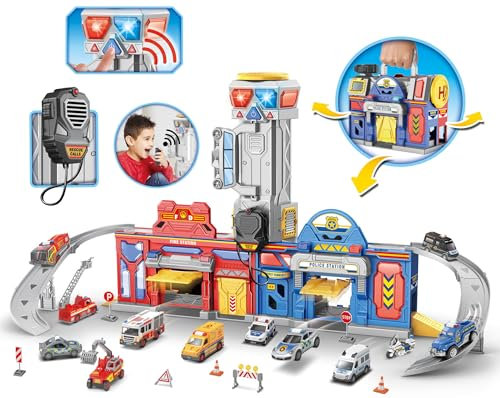 lerrbo Polizei & Feuerwehrstation Transform Track Sets für Jungen 3-6, klappbares Großstadt Action Playset mit Licht & Sounds
