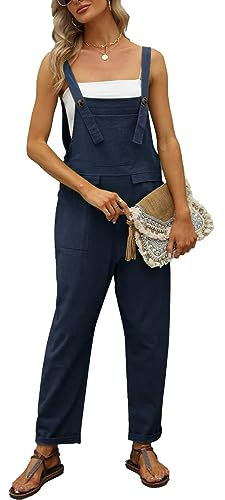 Vanchenl Tuta da donna in cotone sciolto in lino estivo casual baggy regolabile tute pagliaccetto pantaloni harem, Blu, L