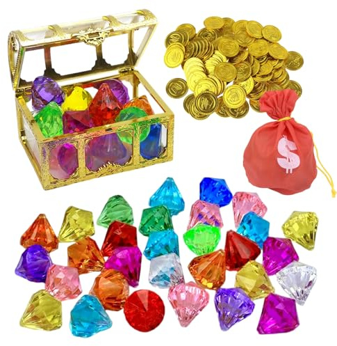 Wrbugukeji 62 Pcs Treasure Chest, Pirate Treasure Chest Box with 30 Gold Coins, 30 Gems, 1 Purse for Swimming Pool Party Favors Birthday Gift