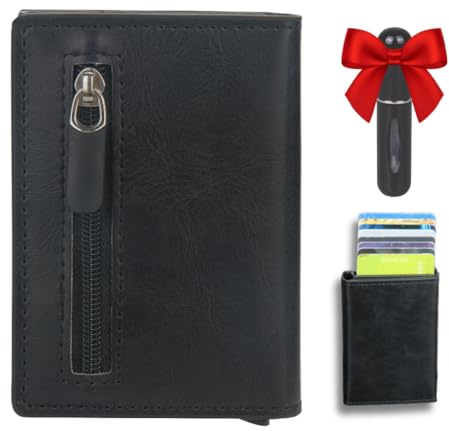 AKIDOS Cartera para Hombre con Bloqueo RFID, Tarjetero y Monedero con Cremallera, pequeña con Estilo Minimalista, Cuero Genuino, cumpleaños. Regalo Incluido. Tamaño 10x7x2Cm.