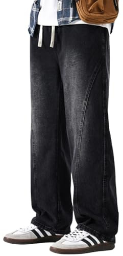 PADOLA Jean Homme Baggy Taille Elastique Pantalon Cargo avec 4 Poches Décontracté Y2K Jeans Coupe Droite Loose Fit Pantalon de Travail Jambe Large Denim Pantalons Streetwear (1 Noir, L)