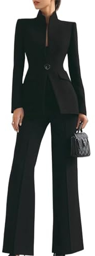 Womens 2 Piece Business Suit Mock Neck Single Button Slim Blazer Wide Leg Pants Set for Work Office Business Casual (Black,M)