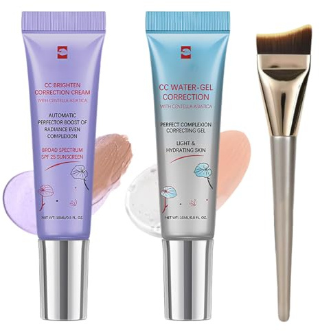 JYXTOR 2 Piezas Cremas CC,Incluye 1 Brocha para Base de Maquillaje Con Tapa Protectora,Duradera,Natural,Unifica El Tono De La Piel,Para Todo Tipo de Pieles (Morado y Azul)