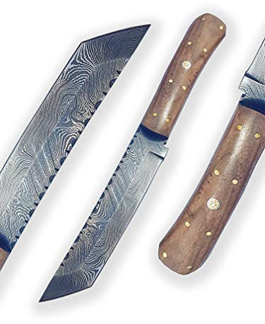 DELLINGER Tanto Valnöt & Damaskkniv & damaskstål kniv & utomhus jakt damaskkniv 155 mm blad och inklusive läderskida