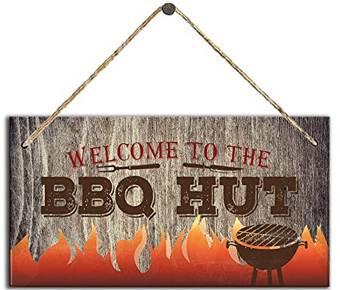 Rustic Wood Sign Hanging Wall Plaque Welcome to The BBQ Hut Barbecue Shack Wood Sign Dad's BBQ Custom Home Decoration Wall Art Decor Barbecue Garden Bar Outdoor Housewarming 6x12 Inch