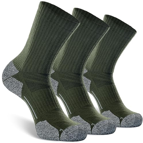 CWVLC Hiking Crew Socks, 3-Pack Men Women Boot Socks for Walking, Hunting, Camping, Winter Outdoor Work, Cosy Cushion, Moisture Wicking, Arch Compression, Anti Blister, X-Large, Green