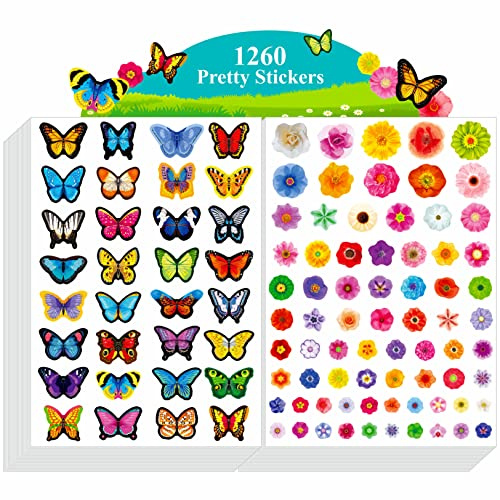 1260 PCS Butterfly & Flower Stickers, 24 Sheets Colorful Springtime Blossom Insect and Plant Spring Themed Party Supplies Decorations for Kids Teachers Classroom (Non White Edge)