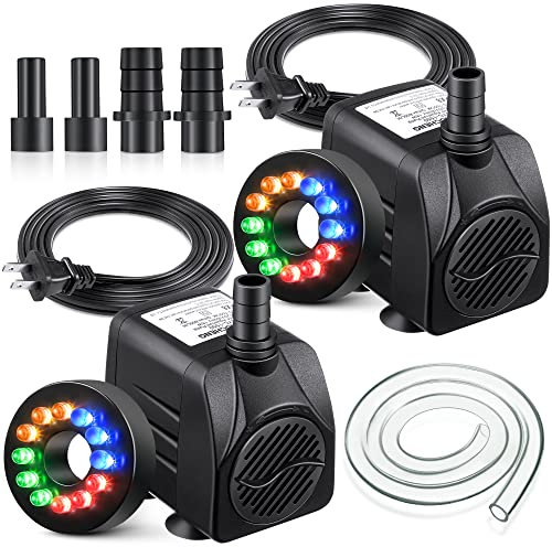 2 Pack 15 W 220GPH Submersible Fountain Pump with 12 Color LED Lights, Small Fountain Pump with 4 Spray Nozzles, Ultra Quiet Design for Outdoor Pond, Aquarium, Fish Tank