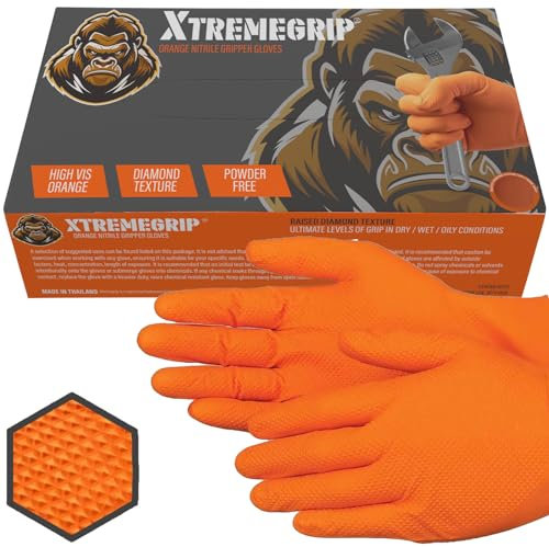 Xtremeauto Nitrile Gloves - Disposable, Diamond Grip Orange, Powder-Free & Latex-Free - Extra Thick & Strong for Mechanics (1 Box, Extra Large)