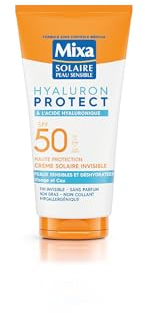 Mixa Solaire Peau Sensible - Crème Solaire Invisible à l'Acide Hyaluronique - Haute Protection SFP50 UVA, UVA longs, UVB - Peaux Sensibles et Déshydratées - Visage et Cou - Hypoallergénique - 50 ml