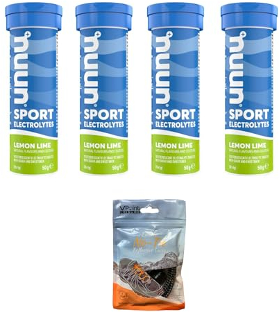 NUUN Sport Electrolytes Hydration Tablets - 4 Tubes of Electrolyte Tabs (40 Total Tablets) Bundled with A Pack of Elastic No-tie Reflective Shoe Laces (Lemon Lime)