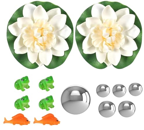 JOYOLA Klein Garten Teiche Deko Set, 4 Mini Frosch, 2 Koi Karpfen, 2 Schwimmend Lotusblüte und 6 Schwimmkugeln, Miniteich Deko für Terrassenteich Zinkwannen Solarbrunnen Garten Balkon Teiche Deko